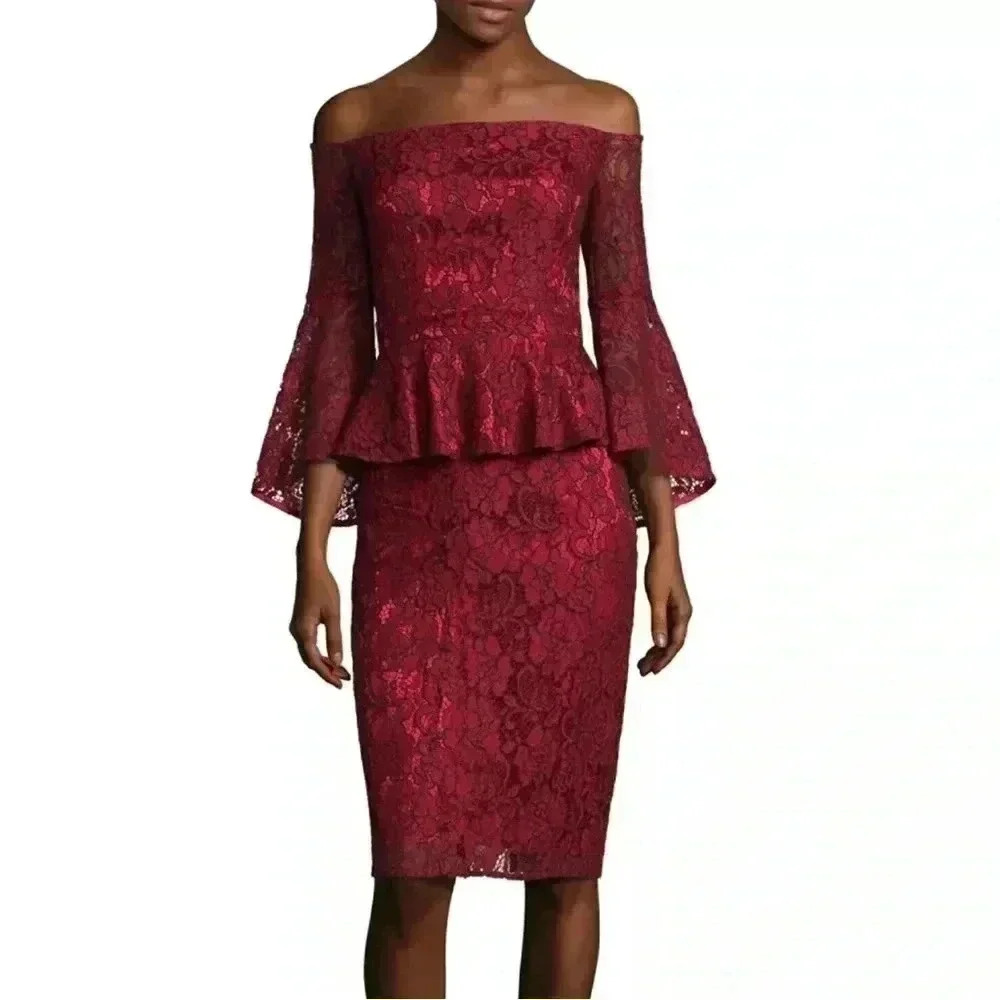 Laundry by Shelli Segal Women's Red Lace Off-the-shoulder cocktail Dress Size 4‎
